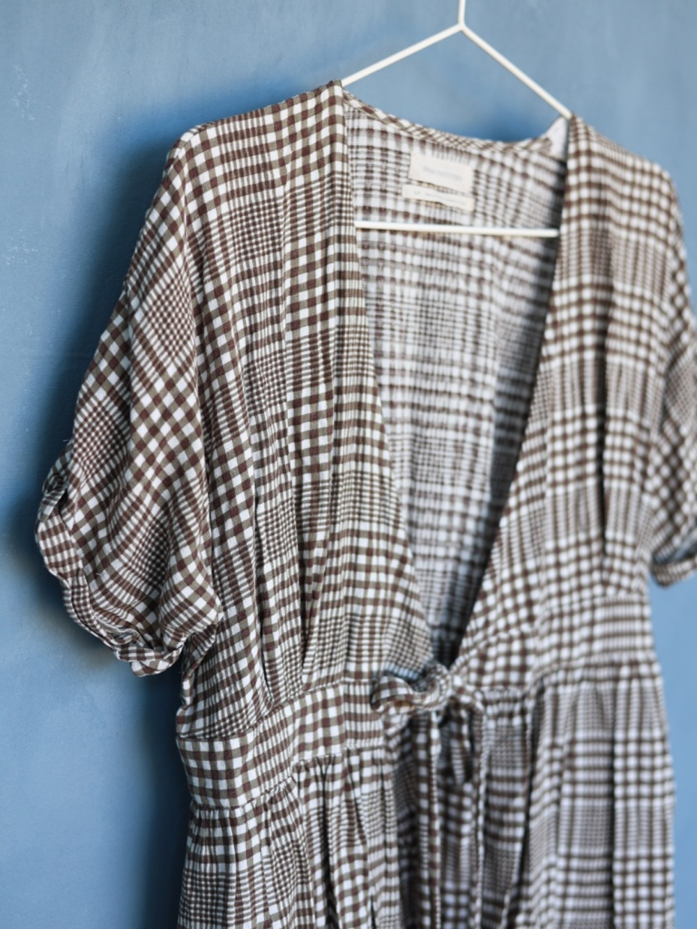Urban Outfitters Gingham Wrap Dress | Midi Brown/Cream V-neck | Small